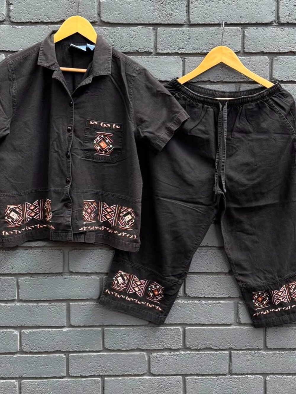 VTG Jane Ashley Petite Cotton 2 Piece Set Black Embroidered Coastal Resort Beach